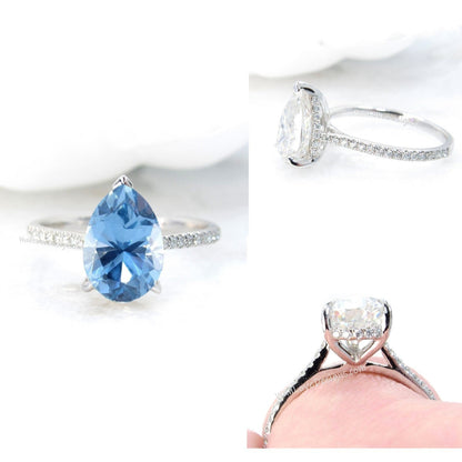 Aquamarine Light Blue Spinel & Diamond Pear Side Halo Engagement Ring, Basket Cathedral, Custom, 14k 18k Gold, Platinum, WanLoveDesigns Wan Love Designs