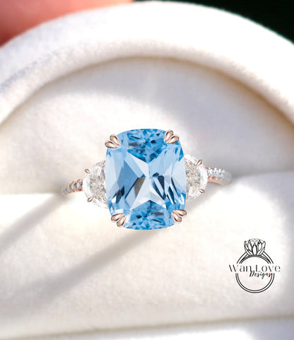 Aquamarine Light Blue Spinel Diamonds & Moissanite Engagement Ring Oval Cushion Half Moon 3 Gem Stone 14k 18k White Yellow Rose Gold,Platinum,Custom Wan Love Designs