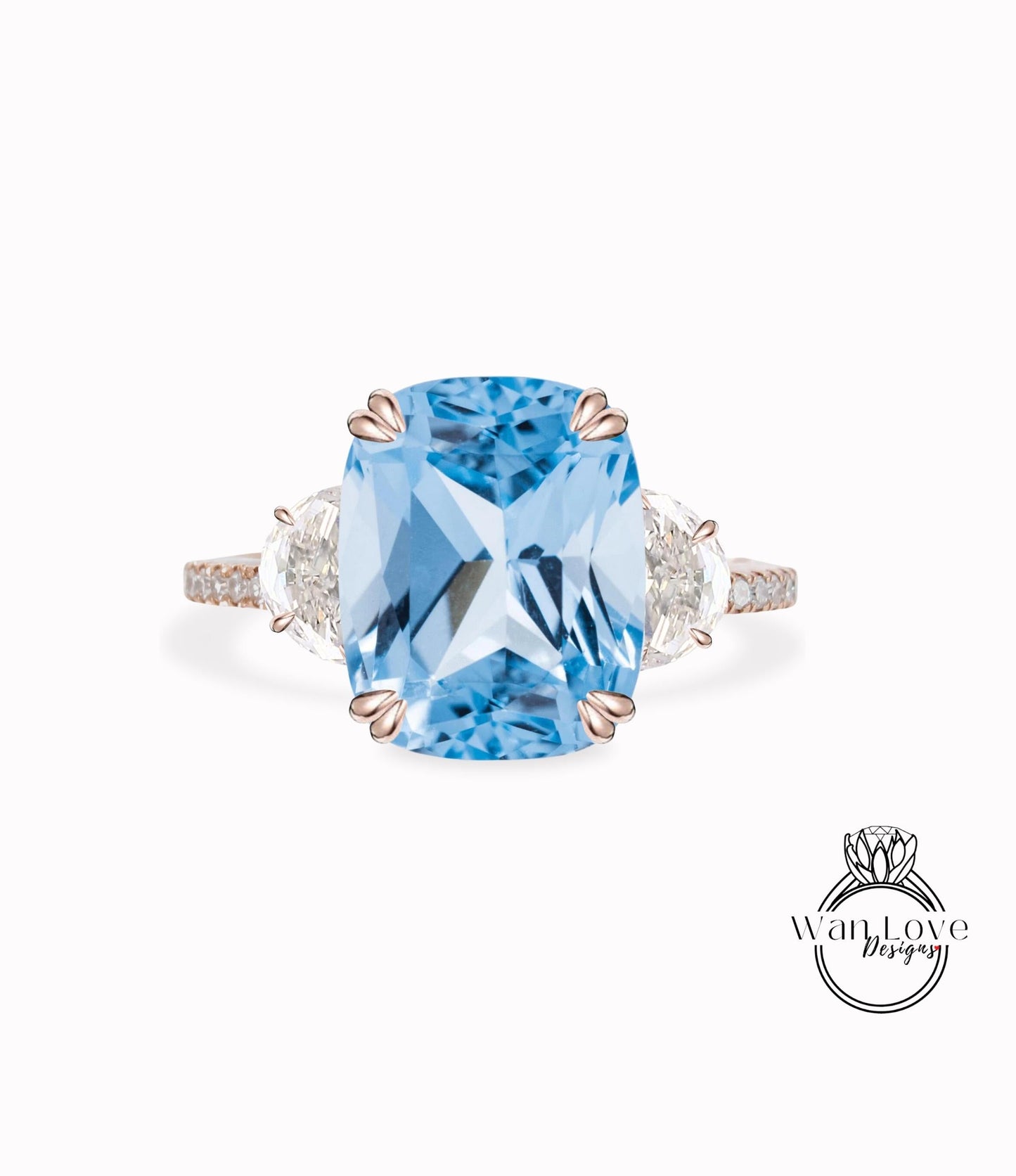 Aquamarine Light Blue Spinel Diamonds & Moissanite Engagement Ring Oval Cushion Half Moon 3 Gem Stone 14k 18k White Yellow Rose Gold,Platinum,Custom Wan Love Designs