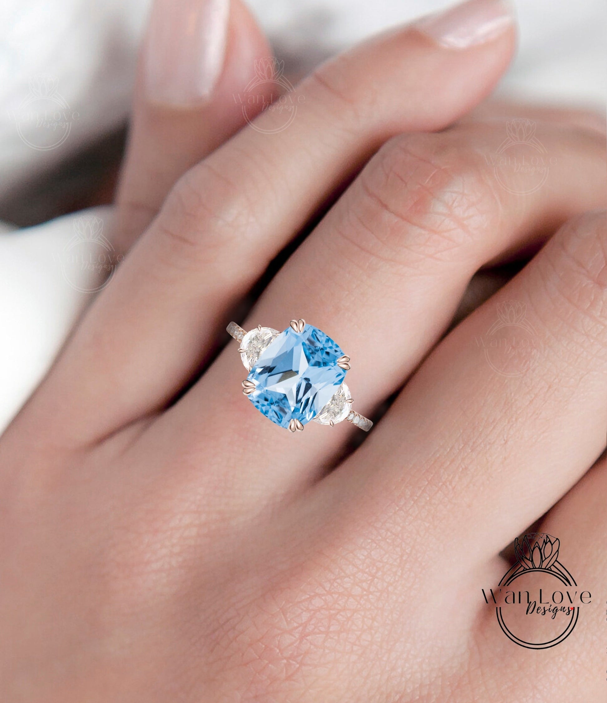 Aquamarine Light Blue Spinel Diamonds & Moissanite Engagement Ring Oval Cushion Half Moon 3 Gem Stone 14k 18k White Yellow Rose Gold,Platinum,Custom Wan Love Designs