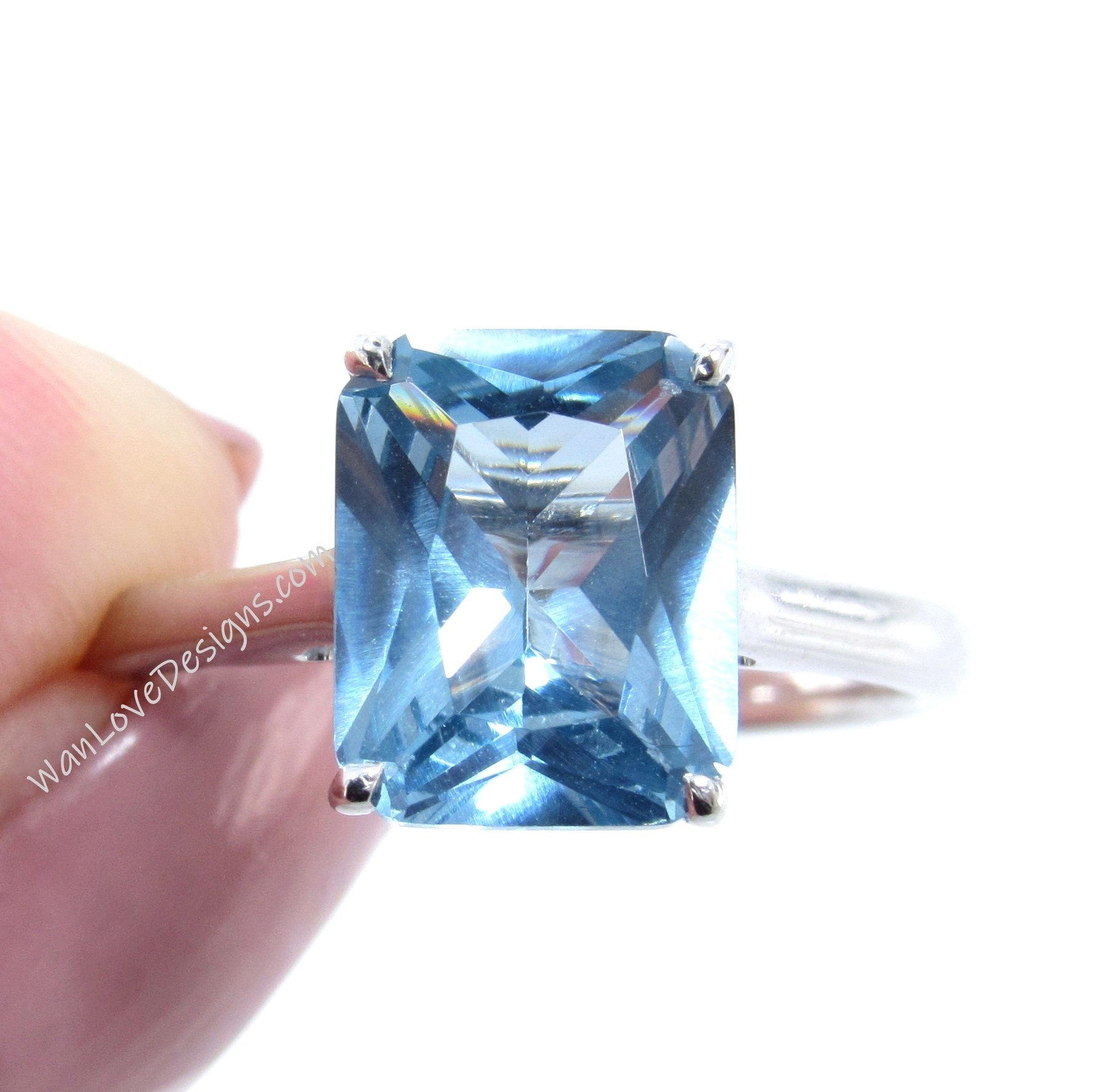 Aquamarine Light Blue Spinel Emerald cut Engagement Ring Solitaire Radiant 4ct 10x8mm promise bridal wedding Anniversary ring-Ready to ship Wan Love Designs