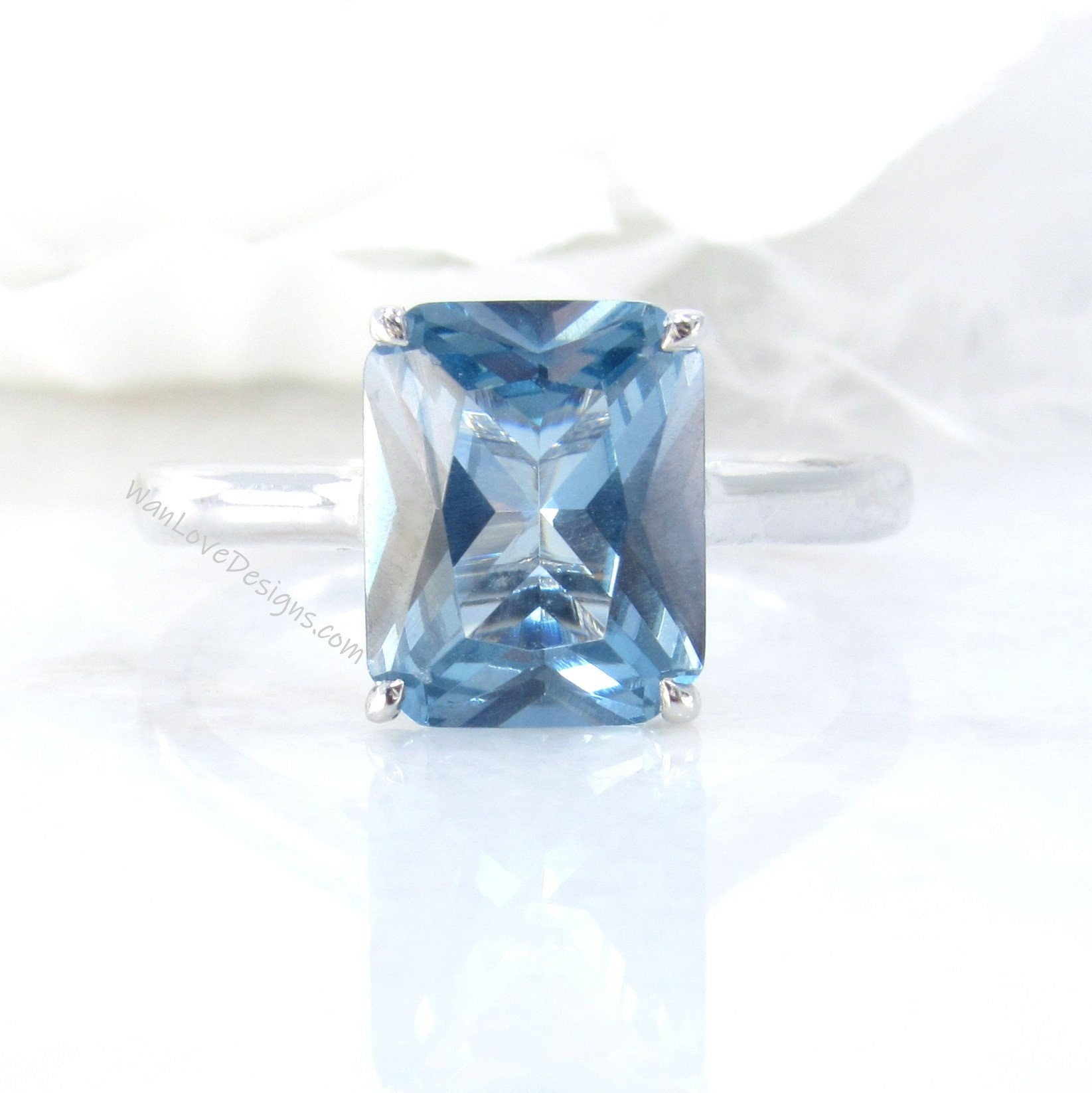 Aquamarine Light Blue Spinel Emerald cut Engagement Ring Solitaire Radiant 4ct 10x8mm promise bridal wedding Anniversary ring-Ready to ship Wan Love Designs