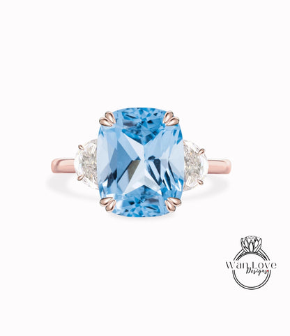 Aquamarine Light Blue Spinel engagement ring cushion cut half moon Moissanite diamond rose gold art deco diamond three stone ring wedding Bridal Anniversary Wan Love Designs