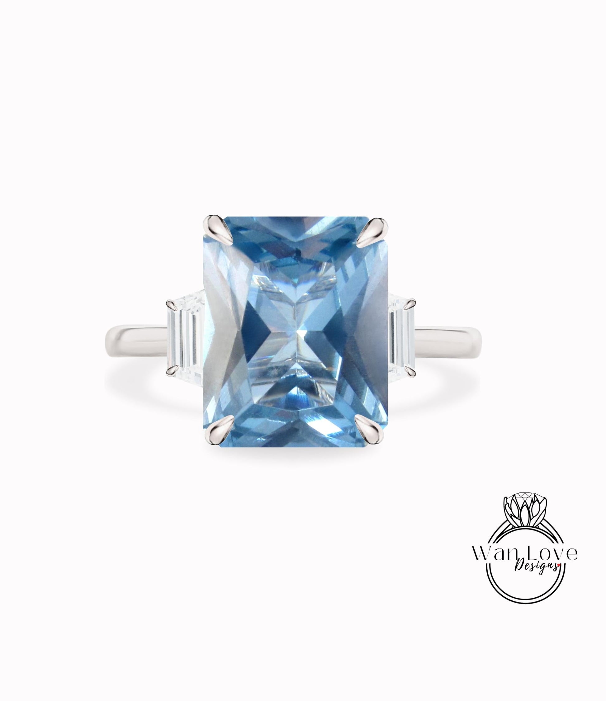 Aquamarine Spinel Diamond Moissanite Engagement Ring Emerald cut 14K/18K rose gold ring vintage trapezoid art deco ring wedding Bridal Anniversary gift Wan Love Designs