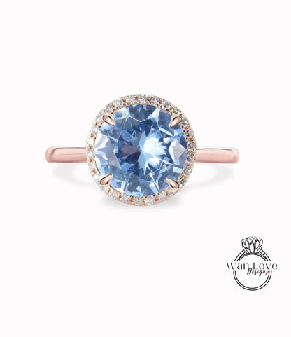Aquamarine Spinel & Diamond Round Halo Plain Shank Engagement Ring Custom Wedding 14kt 18kt Gold, Platinum, WanLoveDesigns Wan Love Designs