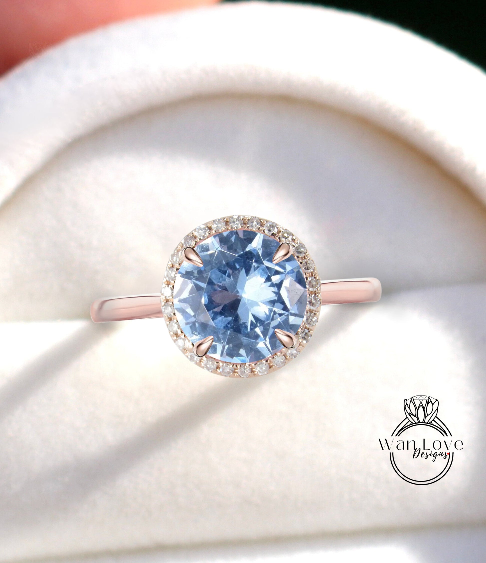 Aquamarine Spinel & Diamond Round Halo Plain Shank Engagement Ring Custom Wedding 14kt 18kt Gold, Platinum, WanLoveDesigns Wan Love Designs