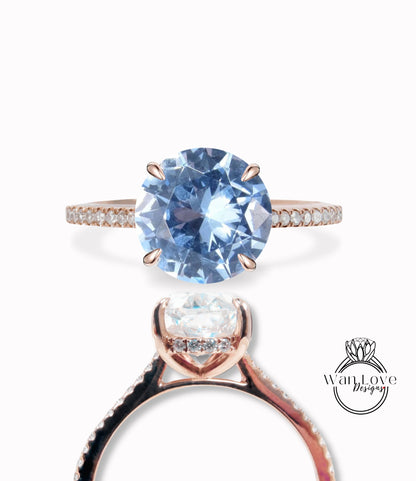 Aquamarine Spinel Diamonds Solitaire Round Side Halo Almost Eternity Engagement Ring, 14k 18k White Yellow Rose Gold-Platinum-Custom-Wedding Wan Love Designs