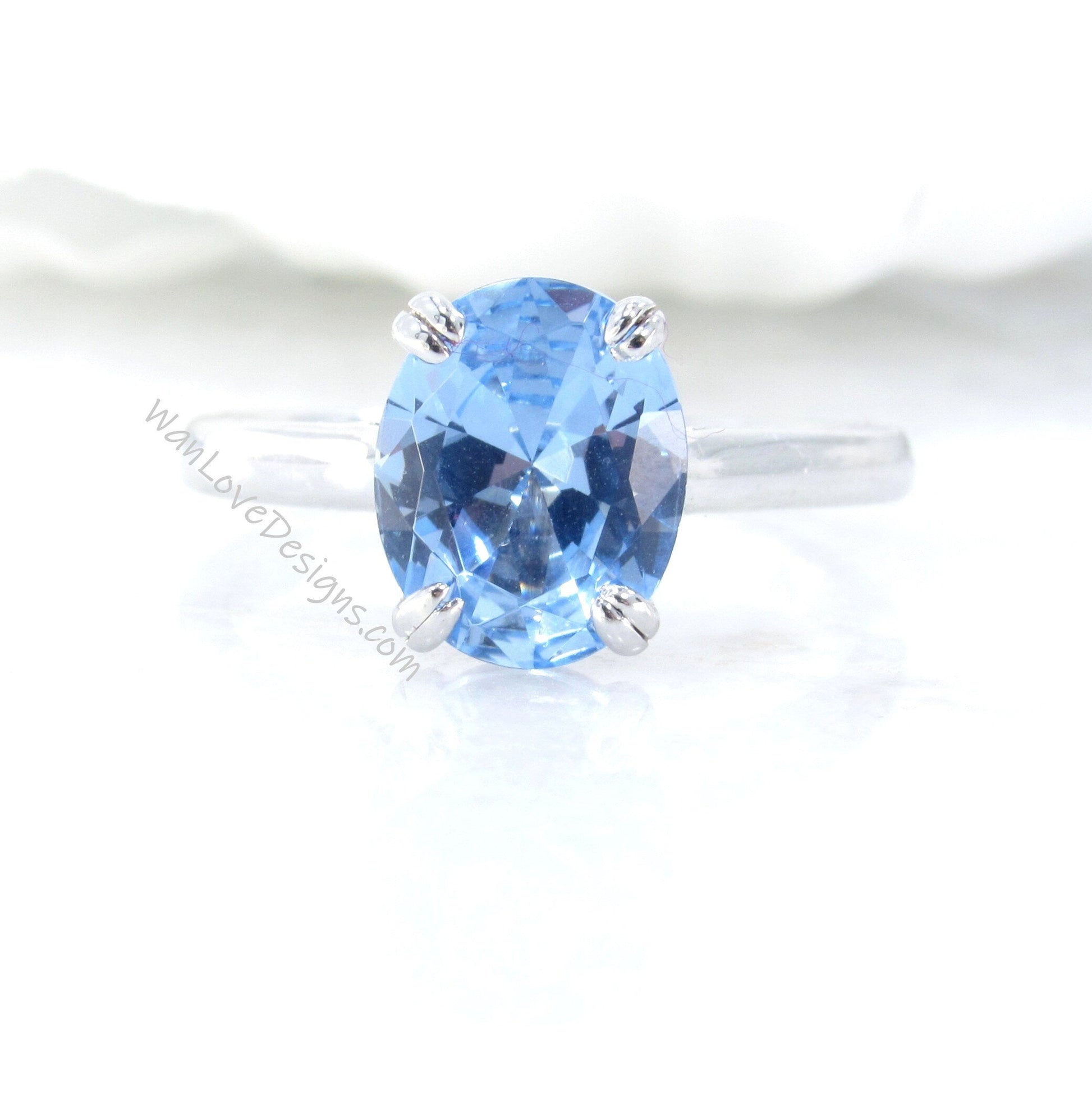 Aquamarine Spinel Solitaire Oval Engagement Ring 4ct 10x8mm 925 Silver w Rhodium-Custom-Wedding-Anniversary-Cathedral-Ready to Ship Wan Love Designs
