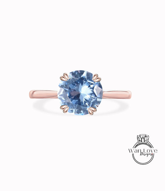 Aquamarine Spinel Solitaire Round Cathedral Engagement Ring, 14k 18k White Yellow Rose Gold-Custom-Wedding-4 Double Prong,WanLoveDesigns Wan Love Designs