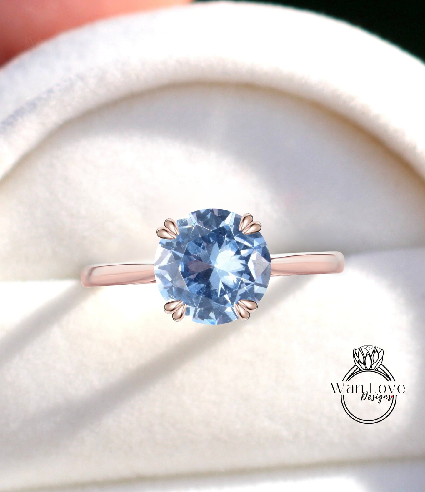 Aquamarine Spinel Solitaire Round Cathedral Engagement Ring, 14k 18k White Yellow Rose Gold-Custom-Wedding-4 Double Prong,WanLoveDesigns Wan Love Designs