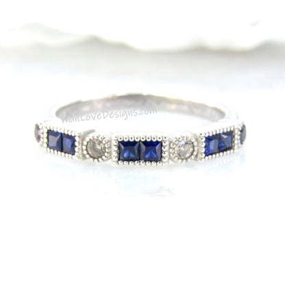 Art Deco Baguette Bezel Blue Sapphire Ring WITH or WITHOUT Milgrain • Vintage Diamond Bezel Ring • Anniversary Ring • Birthstone Party Gift Wan Love Designs