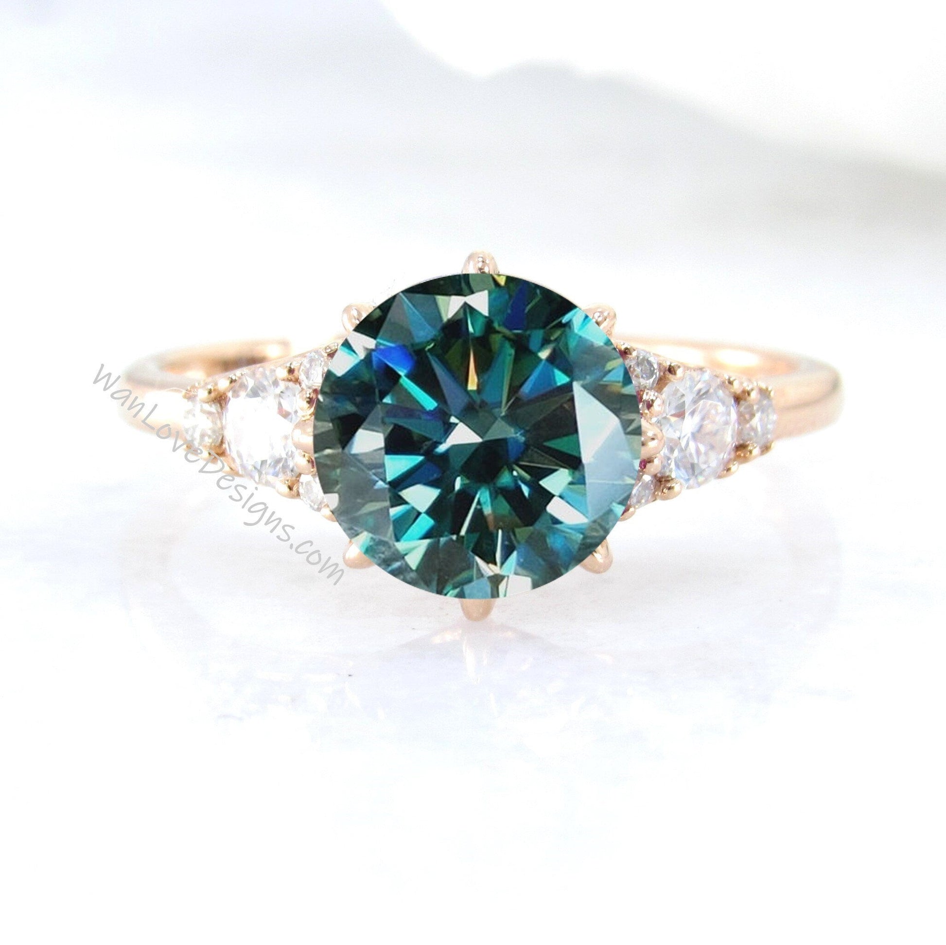 Art Deco Blue Moissanite diamond Engagement Ring Round 8 prong Crown ring rose gold wedding ring Unique Bridal promise ring Anniversary gift Wan Love Designs