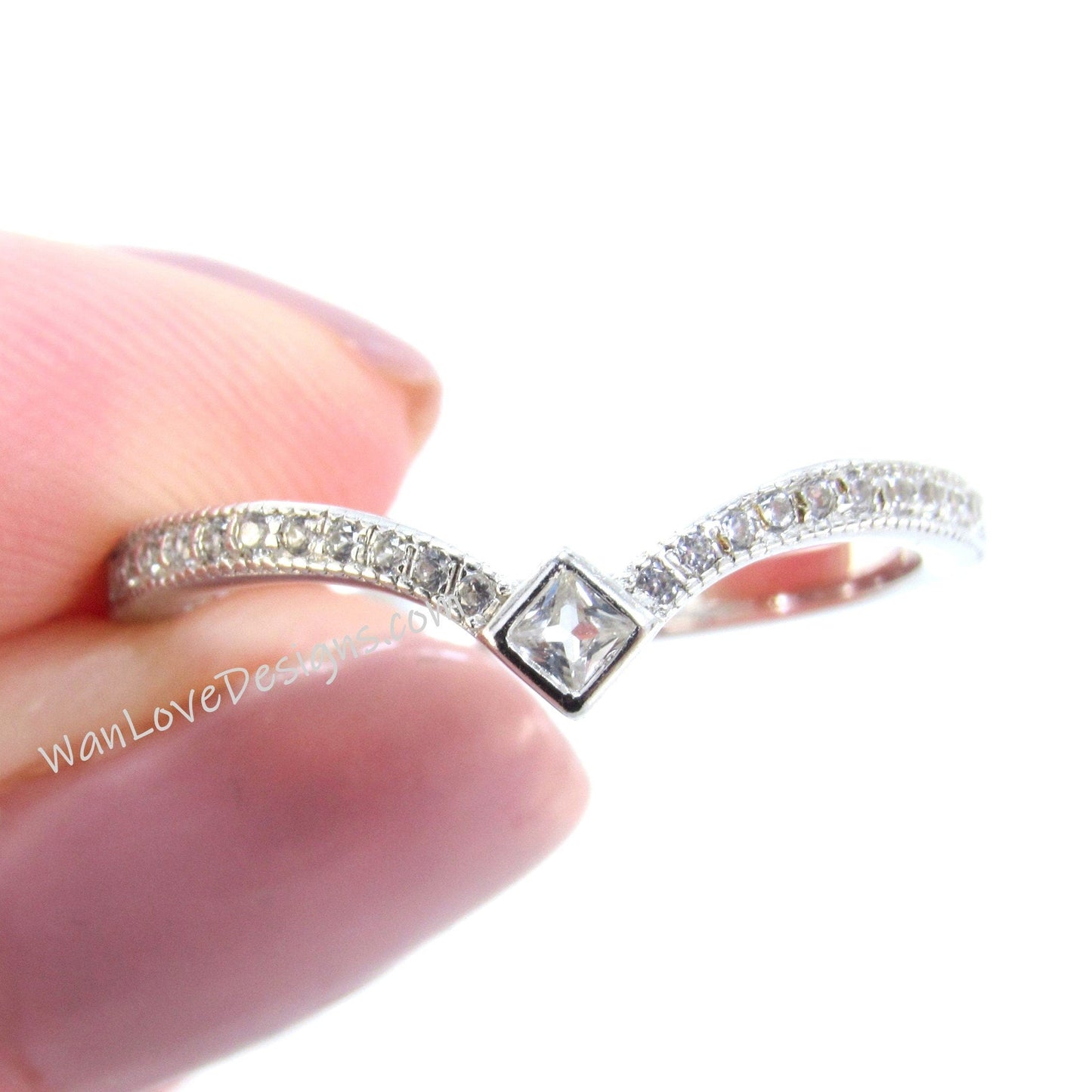 Art Deco Diamond Band, Art Deco Princess Bezel Moissanite Ring, V Chevron Diamond Wedding Band, 18k Rose Gold Band, Custom Birthstone Ring Wan Love Designs
