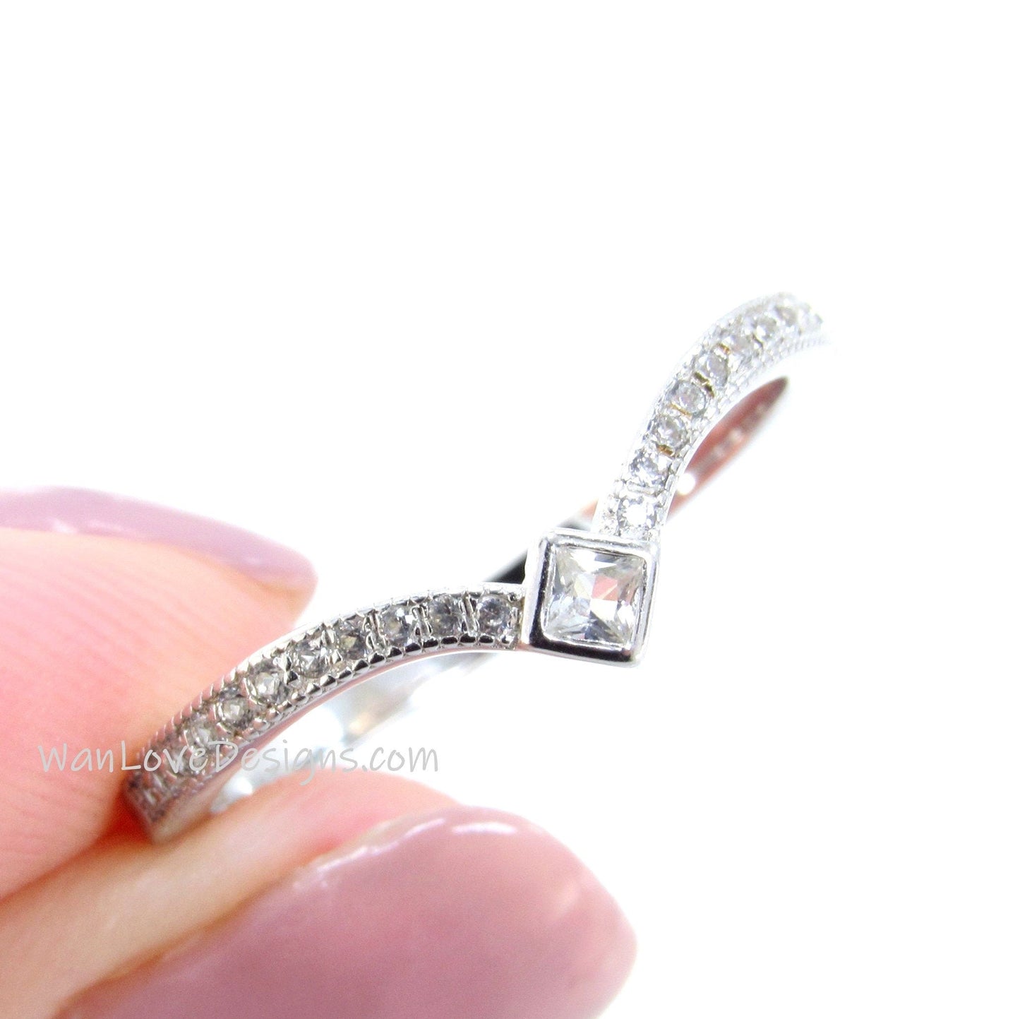 Art Deco Diamond Band, Art Deco Princess Bezel Moissanite Ring, V Chevron Diamond Wedding Band, 18k Rose Gold Band, Custom Birthstone Ring Wan Love Designs