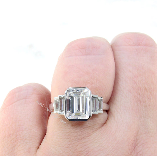 Art Deco Emerald Baguette Moissanite Bezel Engagement Ring White gold moissanite art deco ring baguette bezel bridal wedding promise ring Wan Love Designs