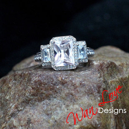 Art Deco Emerald White Sapphire engagement ring set White gold halo ring Vintage 3 gem stone diamond moissanite pave band bridal ring set Wan Love Designs