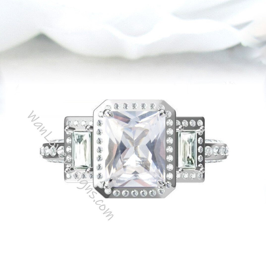 Art Deco Emerald White Sapphire engagement ring set White gold halo ring Vintage 3 gem stone diamond moissanite pave band bridal ring set Wan Love Designs
