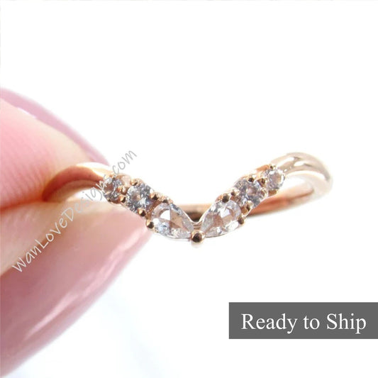 Art Deco Matching Rings/ White Sapphire Wedding Band/ Solid Rose Gold Dainty Bridal Ring/ Curved Design Women Ring/ Birthday Gift/ Ready Wan Love Designs