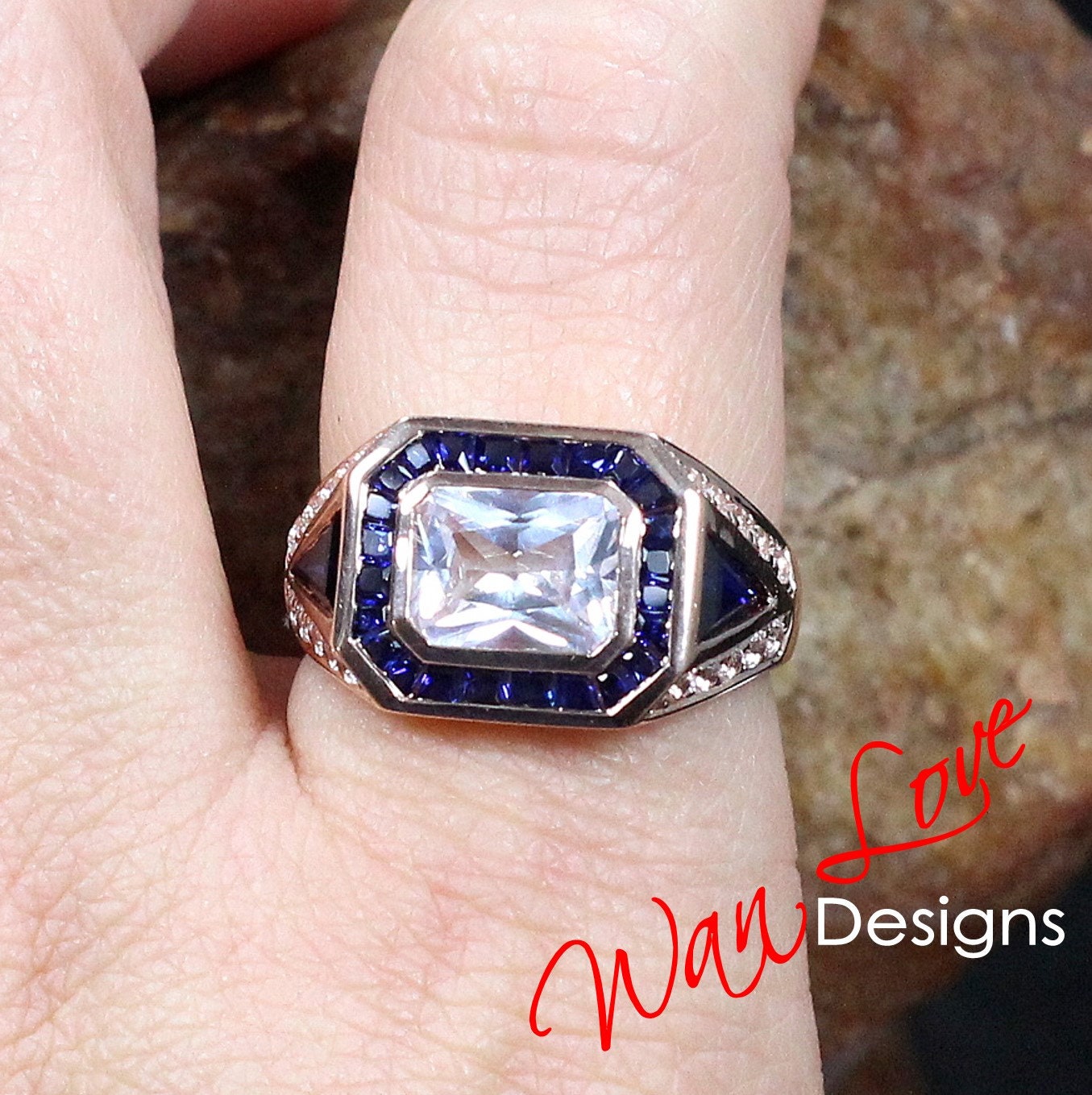 Art Deco Mens Wedding Ring - Mens Blue Sapphire Diamond Ring - Emerald cut Bezel Set Mens Ring - Mans Moissanite Ring - Birthstone Mans Ring Wan Love Designs