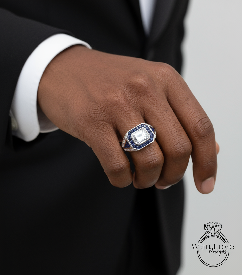 Art Deco Mens Wedding Ring - Mens Blue Sapphire Diamond Ring - Emerald cut Bezel Set Mens Ring - Mans Moissanite Ring - Birthstone Mans Ring