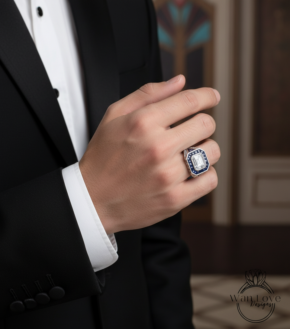 Art Deco Mens Wedding Ring - Mens Blue Sapphire Diamond Ring - Emerald cut Bezel Set Mens Ring - Mans Moissanite Ring - Birthstone Mans Ring