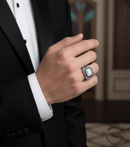 Art Deco Mens Wedding Ring - Mens Blue Sapphire Diamond Ring - Emerald cut Bezel Set Mens Ring - Mans Moissanite Ring - Birthstone Mans Ring