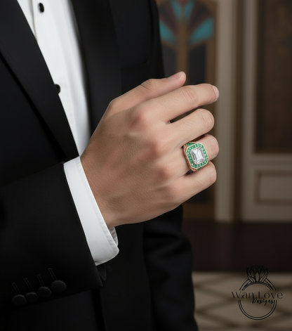 Mens Moissanite & Emerald Ring Art Deco Wedding Band Ring Bezel 3ct 9x7mm 14k 18k White Yellow Rose Gold-Platinum-Custom-Engagement