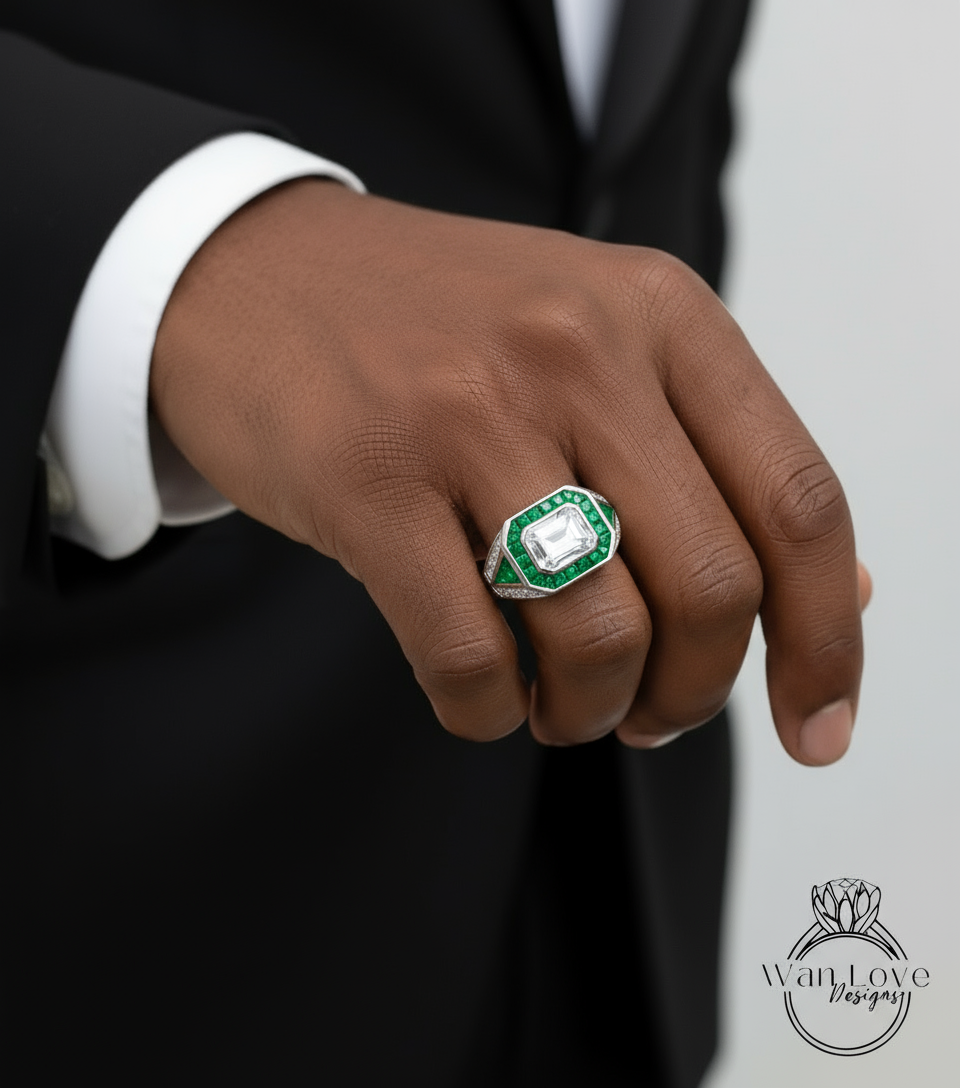 Mens Moissanite & Emerald Ring Art Deco Wedding Band Ring Bezel 3ct 9x7mm 14k 18k White Yellow Rose Gold-Platinum-Custom-Engagement