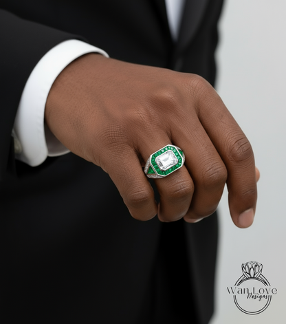 Mens Moissanite & Emerald Ring Art Deco Wedding Band Ring Bezel 3ct 9x7mm 14k 18k White Yellow Rose Gold-Platinum-Custom-Engagement