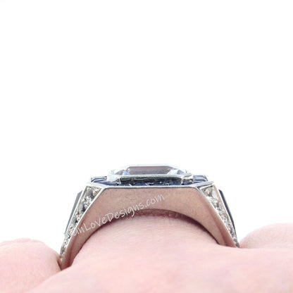 Art Deco Mens Wedding Ring - Mens Blue Sapphire Diamond Ring - Emerald cut Bezel Set Mens Ring - Mans Moissanite Ring - Birthstone Mans Ring Wan Love Designs