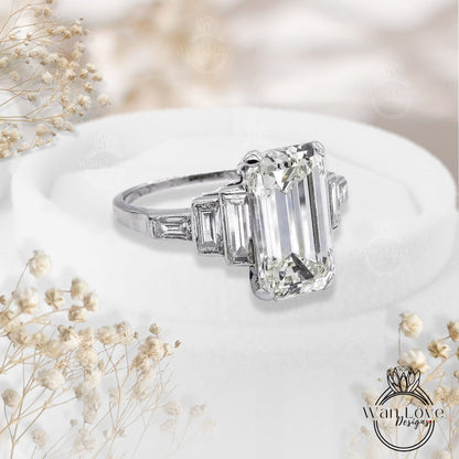 Art Deco Moissanite Emerald Engagement Ring Emerald Baguette 7 Gem Stone ring wedding ring art deco Bridal ring Promise Anniversary gift Wan Love Designs