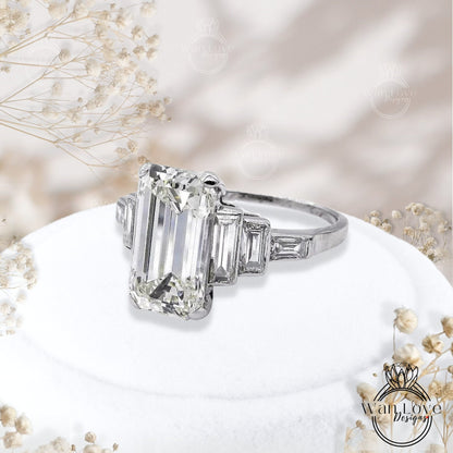 Art Deco Moissanite Emerald Engagement Ring Emerald Baguette 7 Gem Stone ring wedding ring art deco Bridal ring Promise Anniversary gift Wan Love Designs