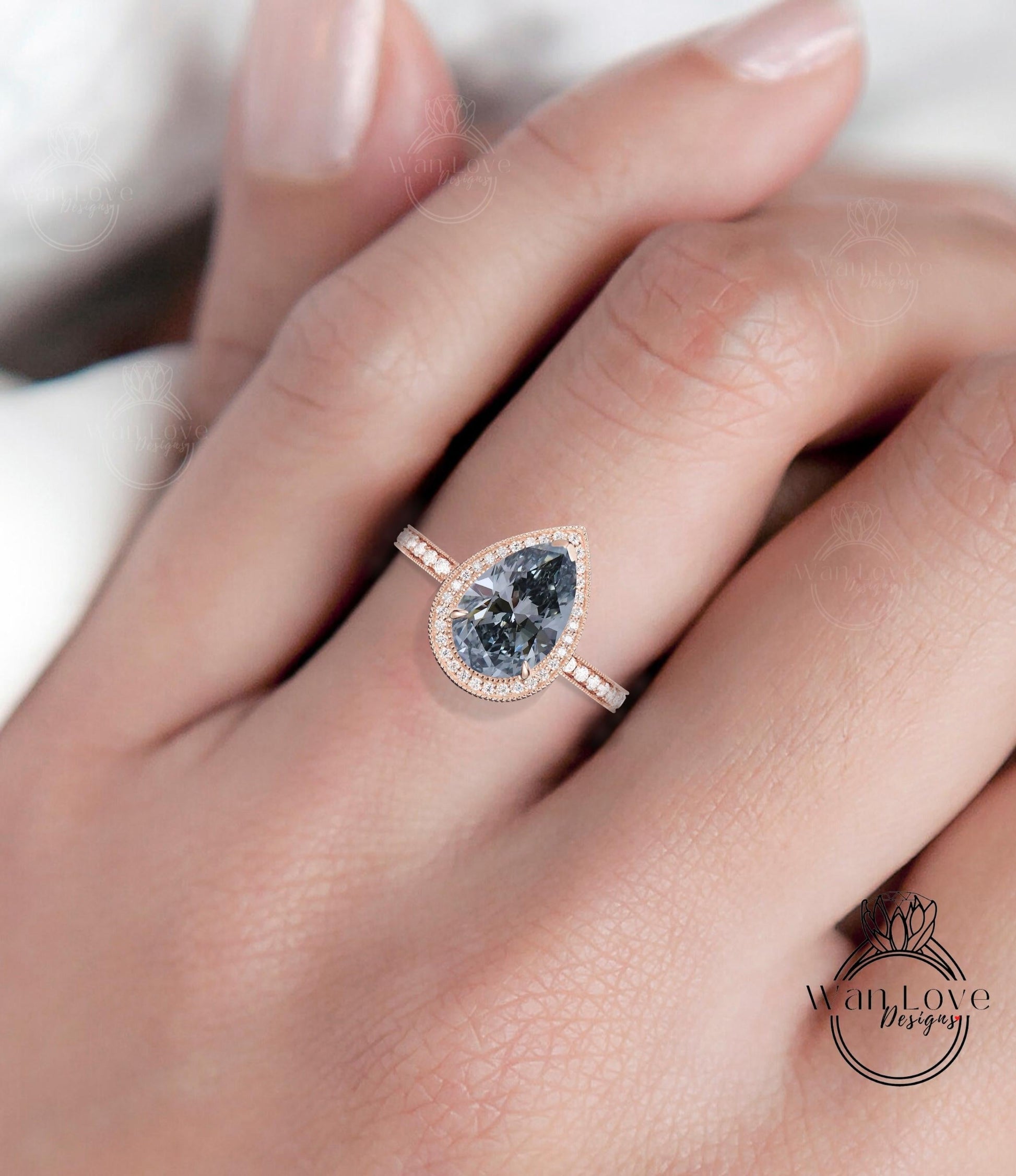 Art Deco Pear Engagement Ring, Antique Gray Moissanite engagement ring, diamond milgrain halo ring, vintage halo Ring, Unique Halo Ring Wan Love Designs