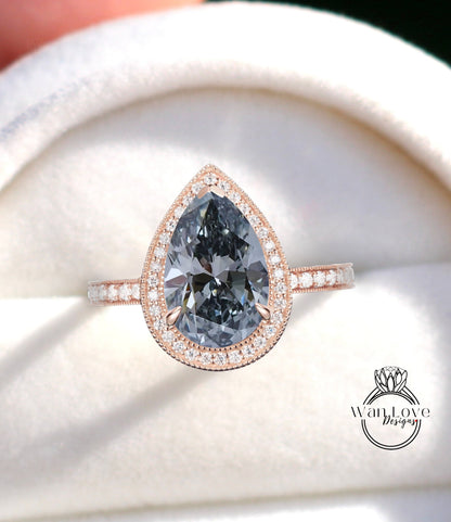 Art Deco Pear Engagement Ring, Antique Gray Moissanite engagement ring, diamond milgrain halo ring, vintage halo Ring, Unique Halo Ring Wan Love Designs