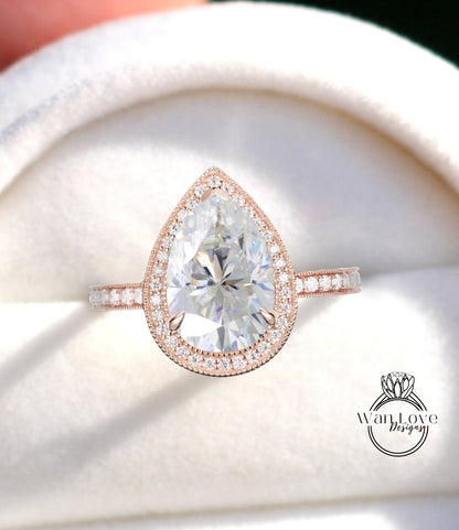Art Deco Pear Engagement Ring, Antique Moissanite engagement ring, diamond milgrain halo ring, vintage halo Moissanite Ring,Unique Halo Ring Wan Love Designs