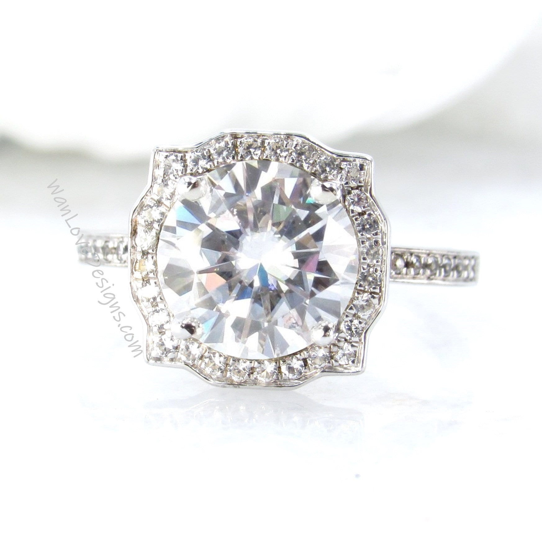Art Deco Round Cut Diamond Engagement Ring Geometric Halo Ring Certified Diamond IGI Ring half eternity wedding Anniversary Ring gift her Wan Love Designs