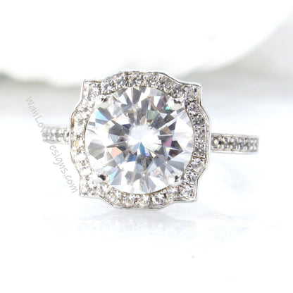 Art Deco Round Cut Diamond Engagement Ring Geometric Halo Ring Certified Diamond IGI Ring half eternity wedding Anniversary Ring gift her Wan Love Designs