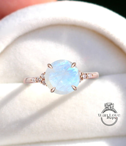 Art Deco Round Moonstone Engagement Ring/ Three Stone Diamonds Ring/ Diamond Cluster Ring/ Birthday Gift/ Bridal Ring/ Wedding Jewelry Gift Wan Love Designs