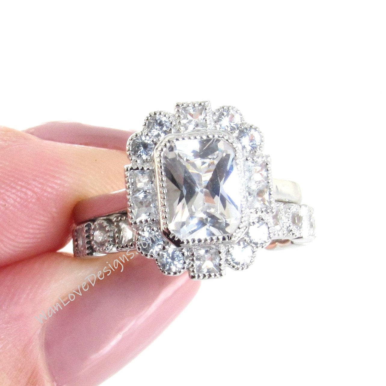 Art Deco White Sapphire engagement ring set white gold Vintage ring Milgrain halo princess round wedding band unique bridal ring set Ready Wan Love Designs