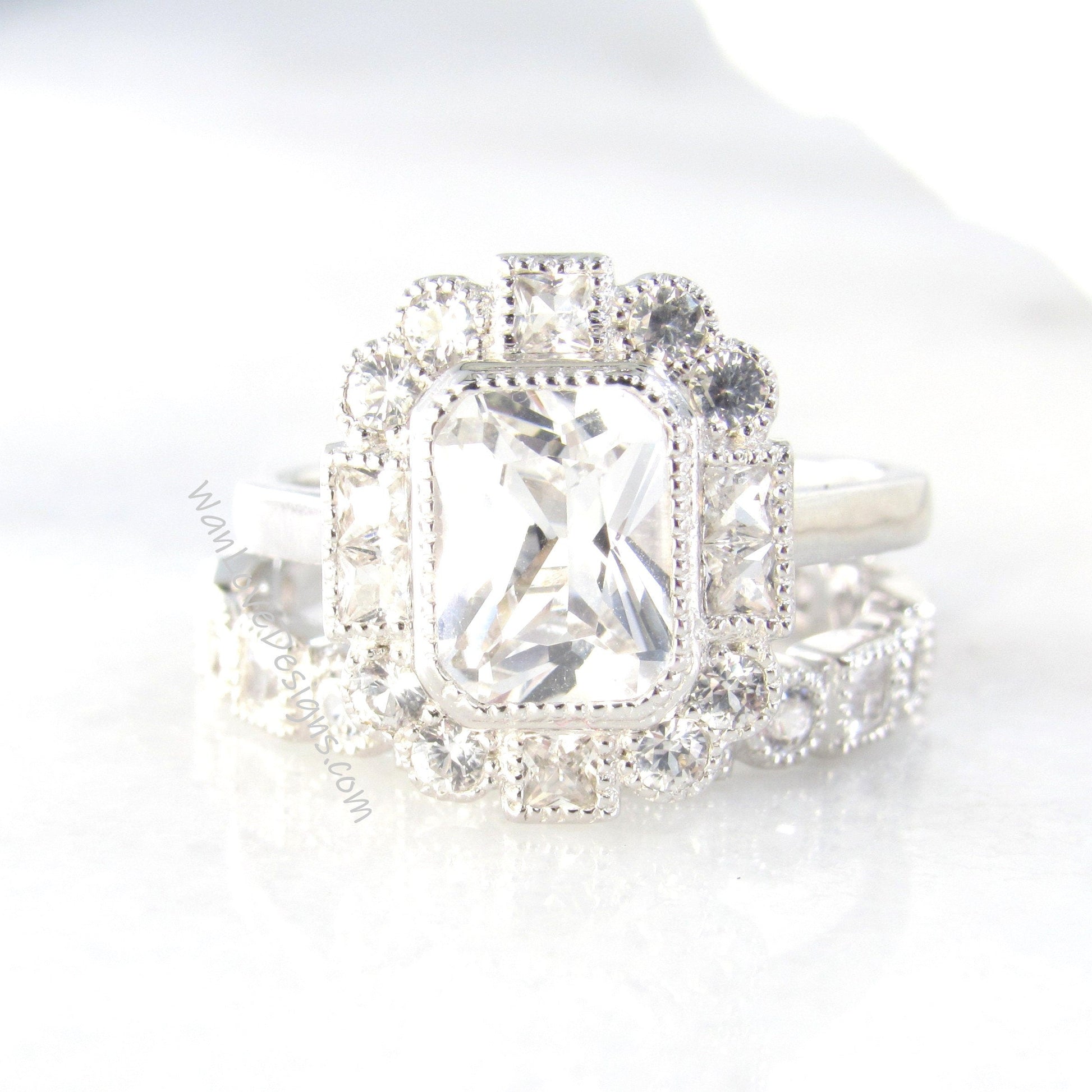 Art Deco White Sapphire engagement ring set white gold Vintage ring Milgrain halo princess round wedding band unique bridal ring set Ready Wan Love Designs