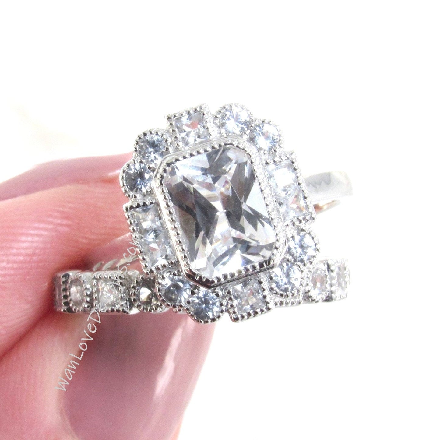 Art Deco White Sapphire engagement ring set white gold Vintage ring Milgrain halo princess round wedding band unique bridal ring set Ready Wan Love Designs