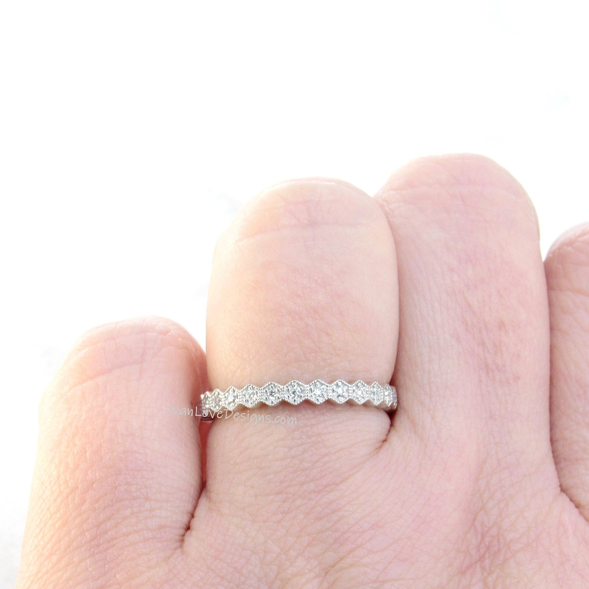 Art Deco milgrain hexagon band, white sapphire wedding band, almost eternity ring, white gold band, sapphire stacking ring, ready to ship Wan Love Designs