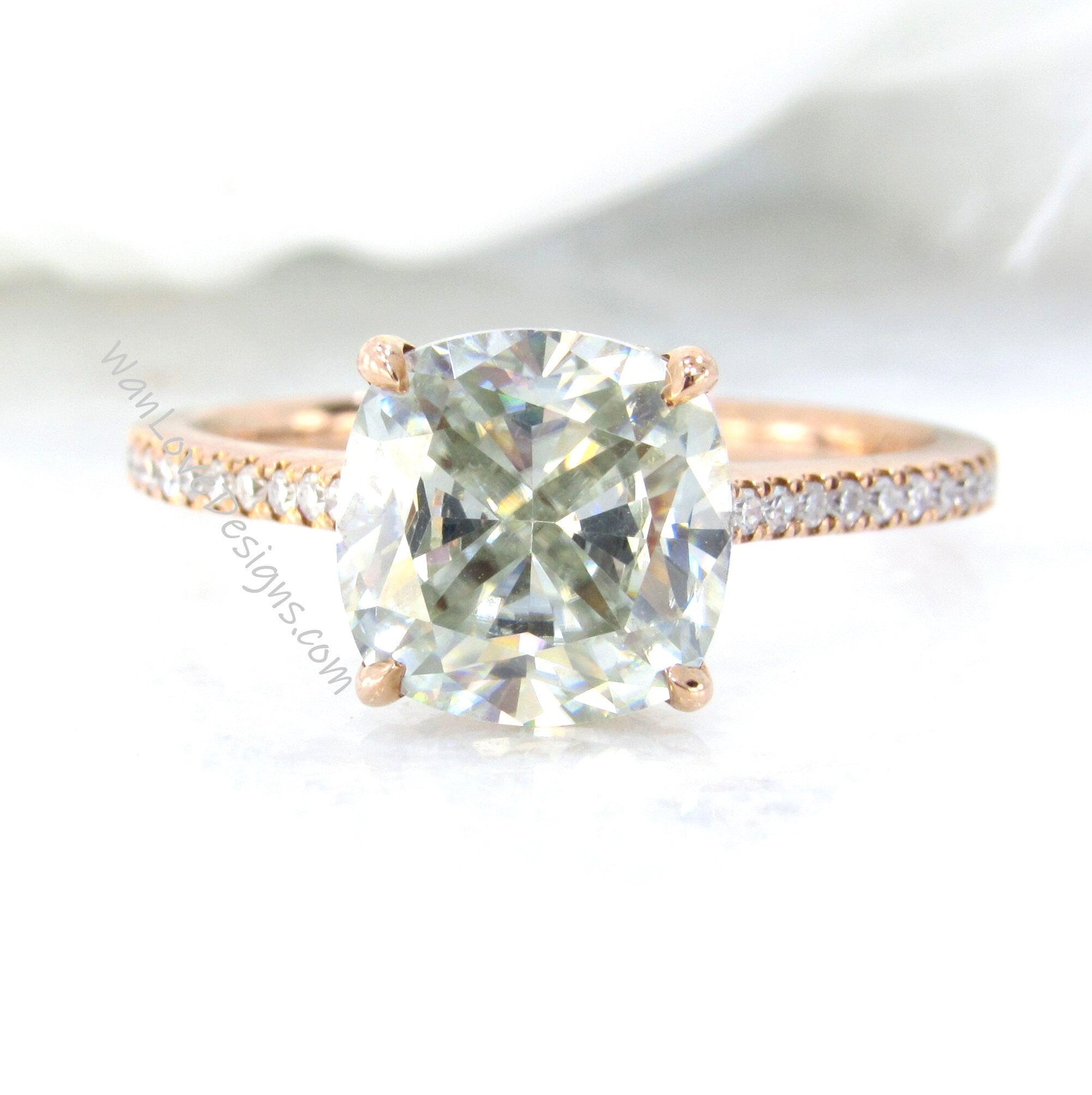 Art deco Cushion Cut Champagne Moissanite Engagement Ring rose gold Antique diamond side halo bridal ring Moissanite wedding Anniversary Wan Love Designs