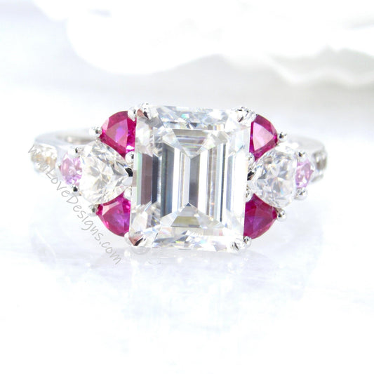 Art deco Moissanite Engagement Ring Antique Pink Sapphire Ruby Heart wedding ring trillion Diamond Gold Bridal ring Anniversary Promise Ring Wan Love Designs