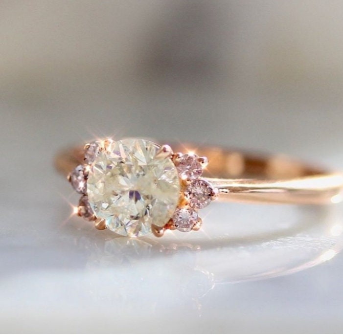 Art deco Moissanite Engagement Ring Antique Round Cut Rose Gold wedding Ring Pink Sapphire Diamond Bridal ring Anniversary Promise Ring Wan Love Designs