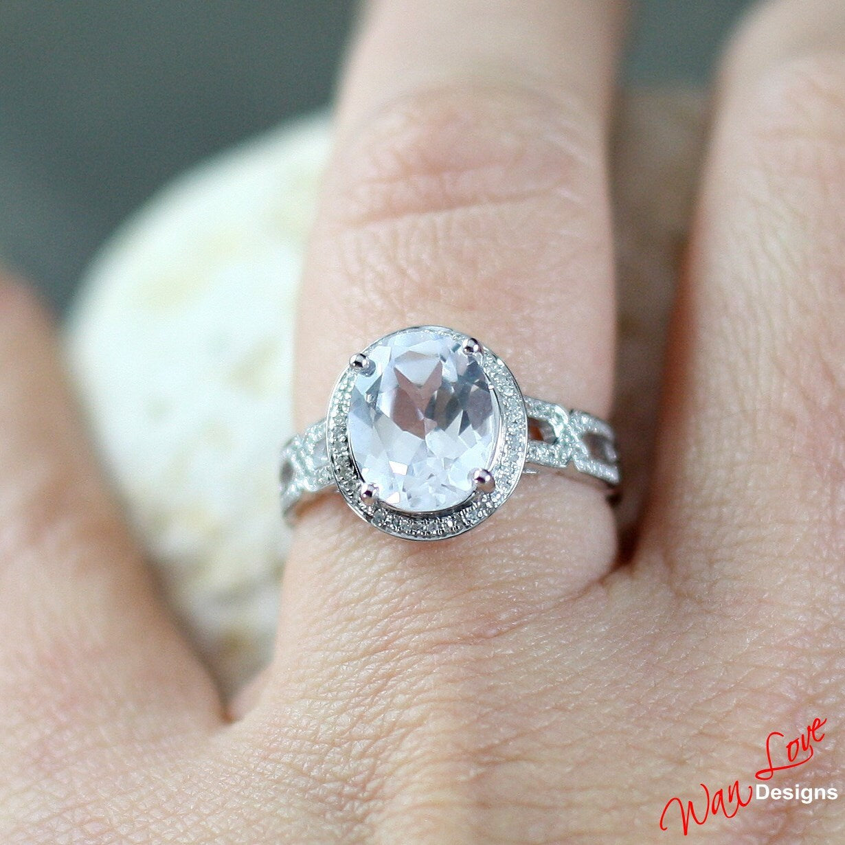 Art deco Oval cut white sapphire engagement ring vintage twisted band Gatsby round diamond halo Antique bridal ring Anniversary Promise ring Wan Love Designs