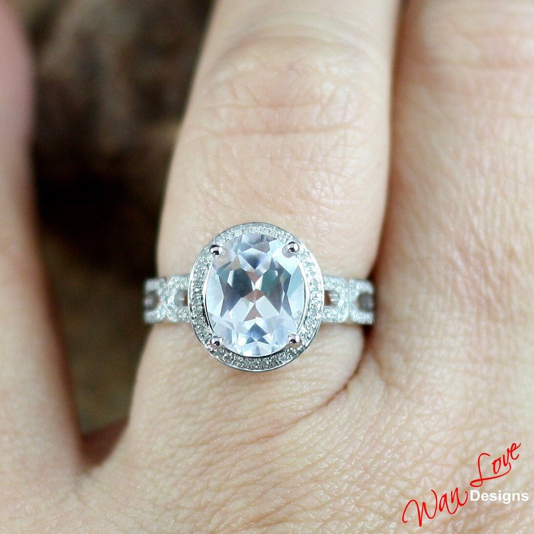 Art deco Oval cut white sapphire engagement ring vintage twisted band Gatsby round diamond halo Antique bridal ring Anniversary Promise ring Wan Love Designs