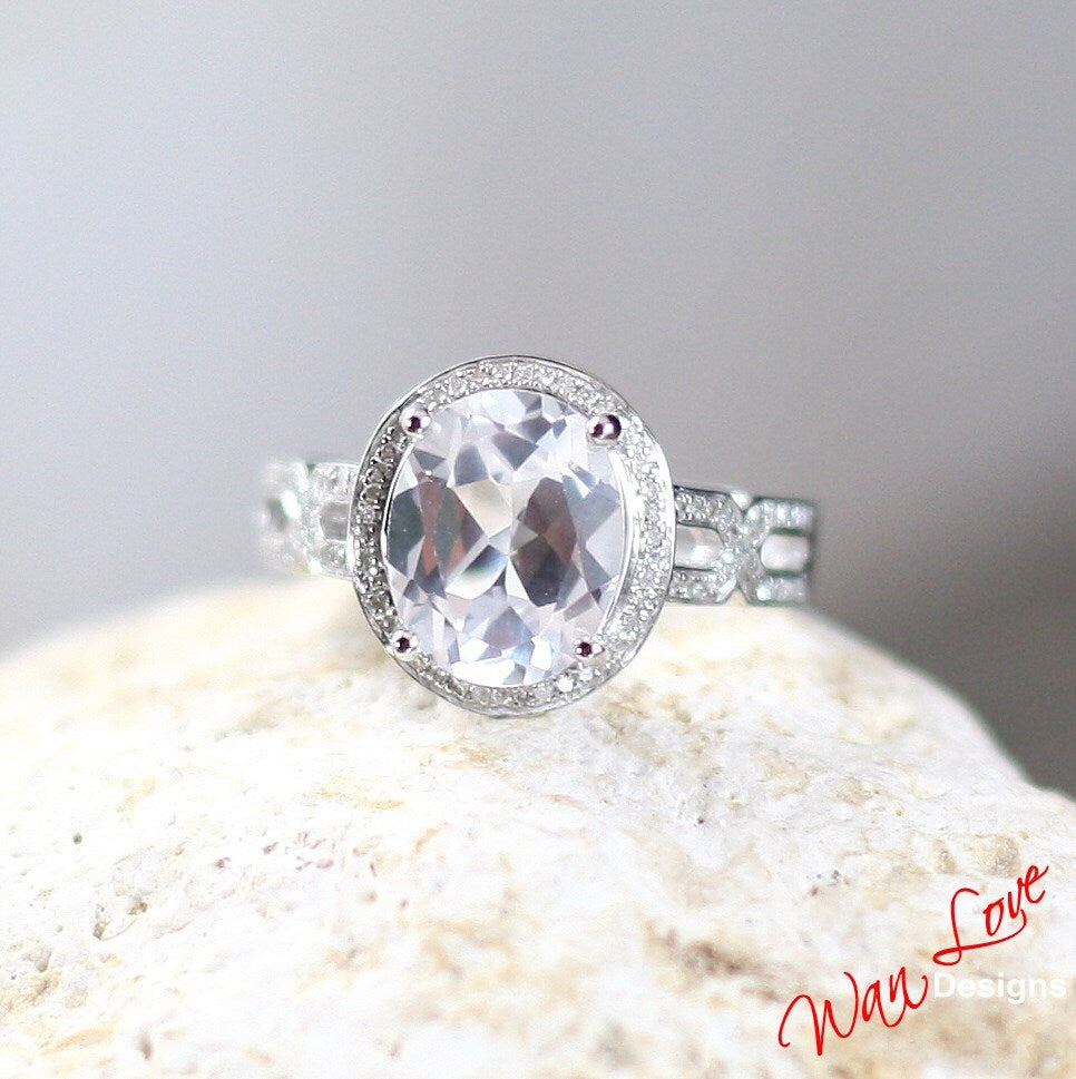 Art deco Oval cut white sapphire engagement ring vintage twisted band Gatsby round diamond halo Antique bridal ring Anniversary Promise ring Wan Love Designs