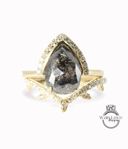 Art deco Salt & Pepper Diamond Engagement Ring set Antique pear Cut Gold wedding Ring twig leaf Diamond Bridal ring Promise Ring gift set Wan Love Designs
