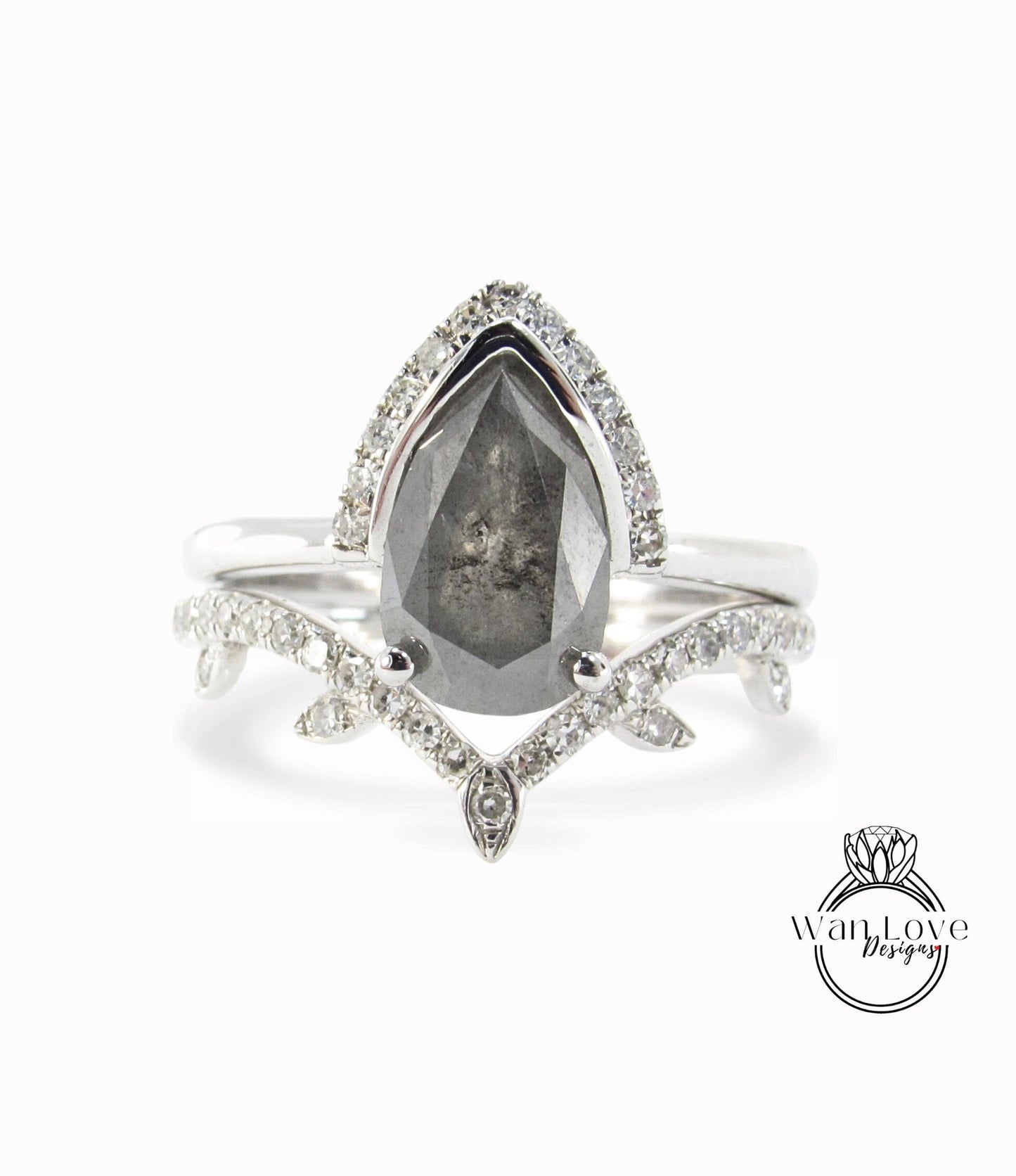 Art deco Salt & Pepper Diamond Engagement Ring set Antique pear Cut Gold wedding Ring twig leaf Diamond Bridal ring Promise Ring gift set Wan Love Designs
